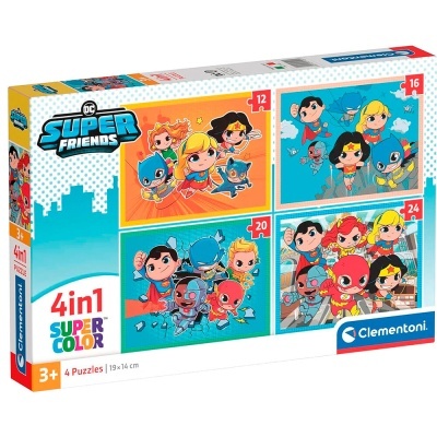Embalagem de puzzles Clementoni 4in1 Super Friends com personagens cartoon da DC