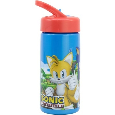 Garrafa azul com personagens do Sonic e tampa vermelha