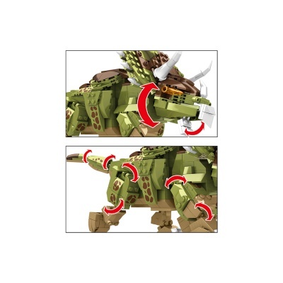 Modelo de dinossauro Triceratops construído com blocos de montar, com várias articulações móveis.