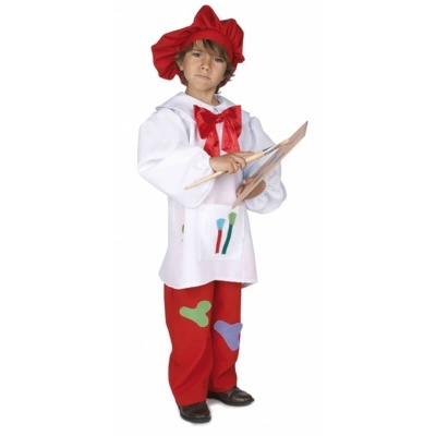 Fato infantil de pintor com chapéu vermelho, bata branca com bolso de pincéis, gravata e calças vermelhas com padrões coloridos