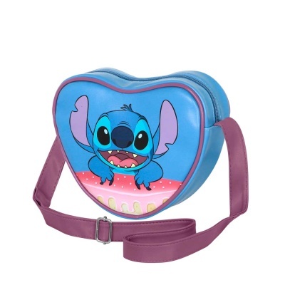 Bolsa infantil coração azul com personagem Stitch e alça roxa