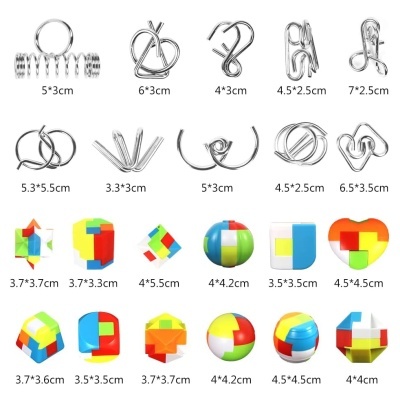 20 puzzles metálicos e coloridos com medidas indicadas