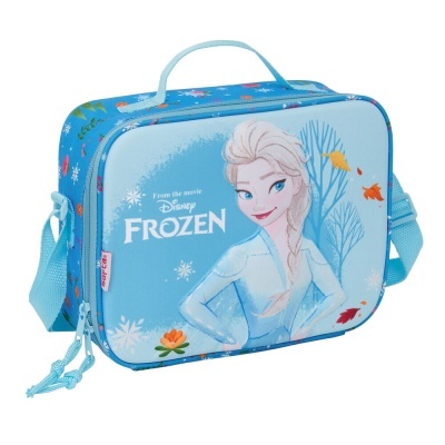 Mala térmica azul com personagem Elsa do Frozen e texto promocional