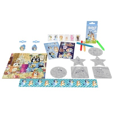 Conjunto de brinquedos e atividades Bluey para crianças com puzzle, adesivos, canetas, placas para desenhar e régua