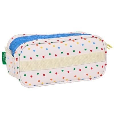 Estojo retangular branco com bolinhas coloridas e fecho azul