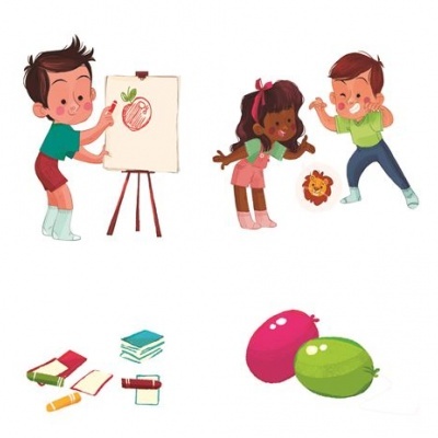 Ilustração de crianças a desenhar e brincar com livros e frutas coloridas