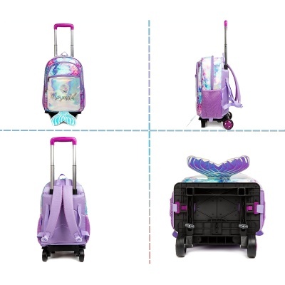 Mochila de crianças lilás com rodinhas, alça extensível e cauda de sereia azul