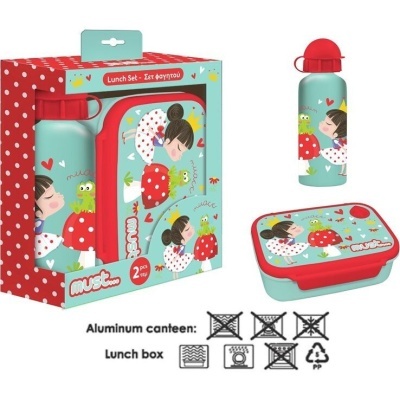 Conjunto de lanche com garrafa e lancheira decorados com menina e sapo