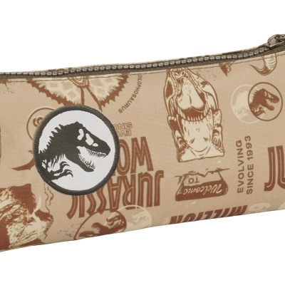 Estojo escolar com padrão de dinossauros e texto JURASSIC PARK