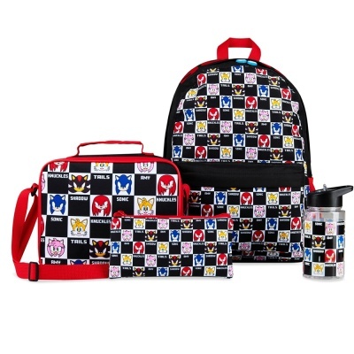 Conjunto de mochilas e acessórios com padrão quadriculado de personagens Sonic