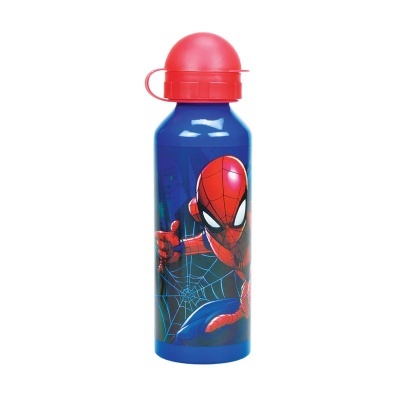Garrafa desportiva azul com imagem do Homem-Aranha e tampa vermelha