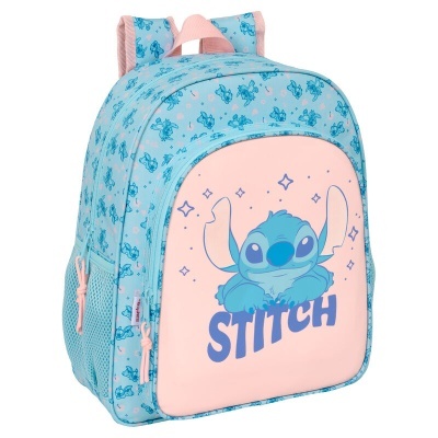 Mochila azul e rosa com personagem Stitch e texto STITCH na frente
