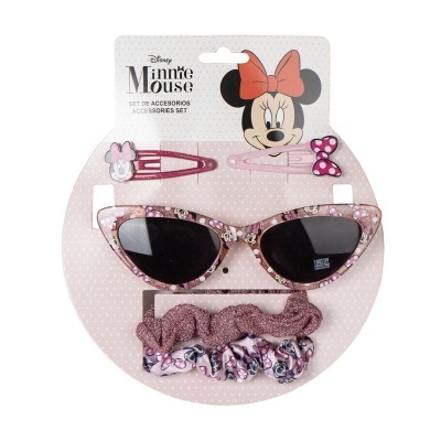 Conjunto Disney Minnie Mouse com óculos de sol rosa, ganchos e elásticos de cabelo