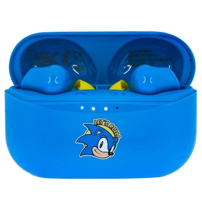 Auriculares sem fios azuis com estojo azul e autocolante do Sonic LET'S ROLL