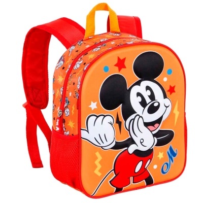 Mochila infantil laranja e vermelha com estampa do Mickey Mouse