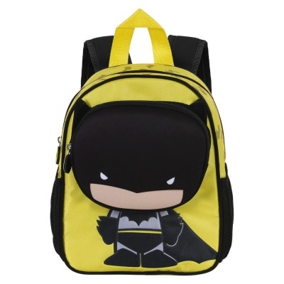 Mochila infantil amarela e preta com figura cartoon do Batman