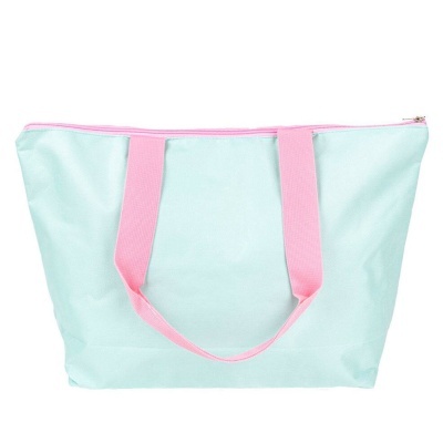 Saco tote azul claro com alças cor-de-rosa e fecho de correr