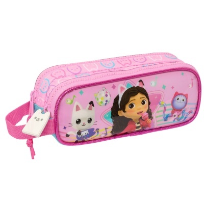 Estojo infantil rosa com personagens animados e fecho de correr