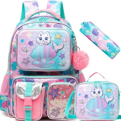 Conjunto colorido de mochila, estojo e lancheira com desenho de gato sereia em concha pastel