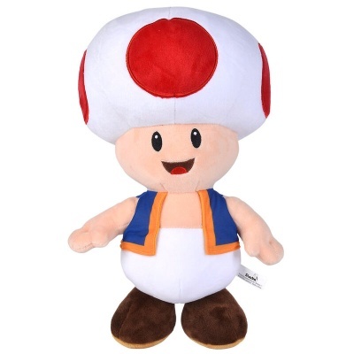 Pelúcia do personagem Toad de Super Mario com cogumelo branco e manchas vermelhas