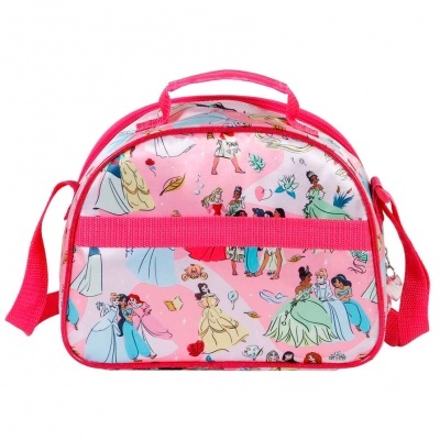 Bolsa rosa com princesas Disney estampadas e alças cor de rosa