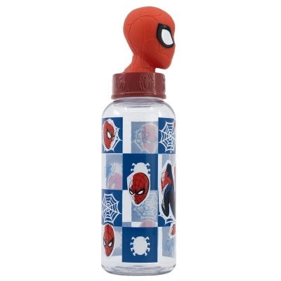 Garrafa de plástico transparente com estampas do Homem-Aranha e tampa com figura da cabeça do Homem-Aranha
