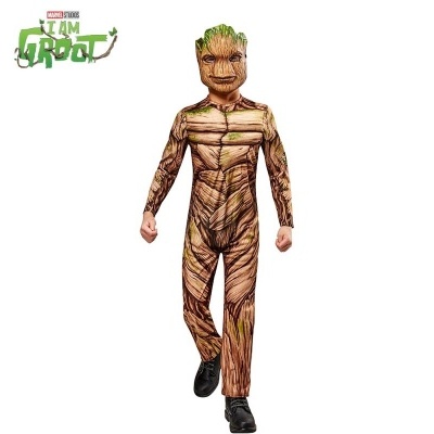 Macacão infantil e máscara com tema Groot, textura de madeira e reflexos verdes