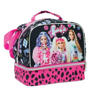 Mala infantil Barbie com padrão pintado rosa e preto e ilustrações de bonecas