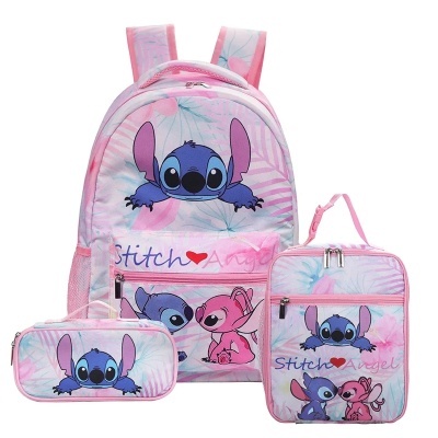 Conjunto mochila, lancheira e estojo Stitch e Angel rosa e azul