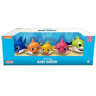 Conjunto de figuras Baby Shark coloridas numa caixa azul