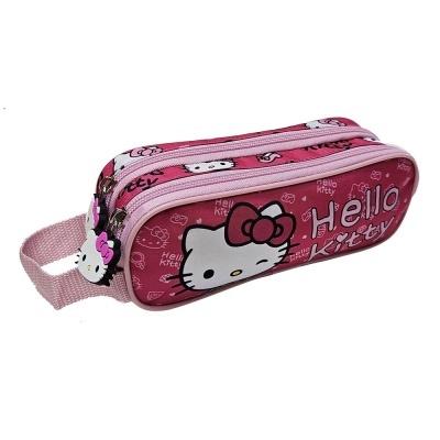 Estojo escolar rosa e vermelho com Hello Kitty e fecho de correr rosa