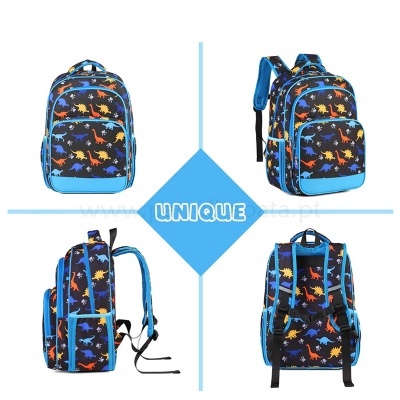Mochila infantil preta com estampa colorida de dinossauros e detalhes azuis