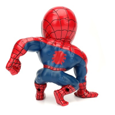 Boneco estilizado do Homem-Aranha em posição agachada com padrão de teia preta