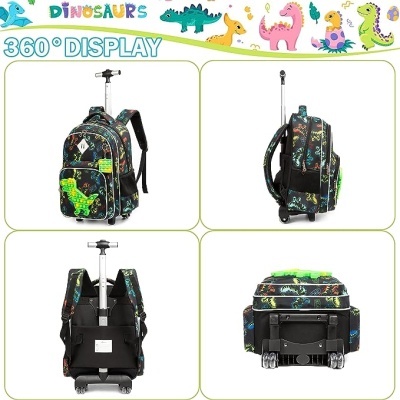 Mochila de rodinhas com padrão de dinossauros coloridos em várias vistas