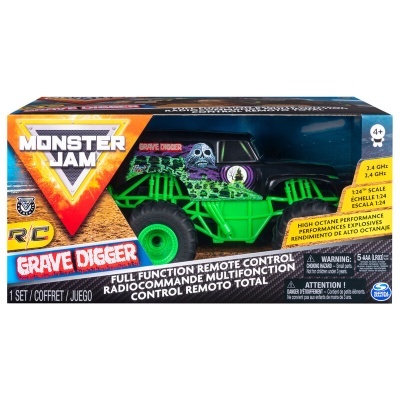 Carro RC Monster Jam Grave Digger na caixa preta e verde