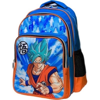 Mochila azul e laranja com personagem Goku em destaque e símbolo japonês