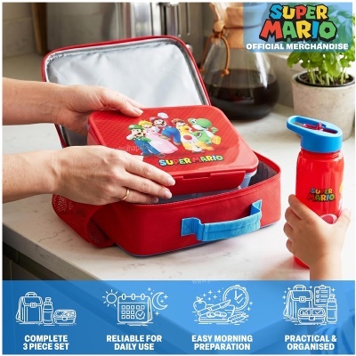 Conjunto escolar SUPER MARIO com estojo, lancheira e garrafa vermelha com personagens