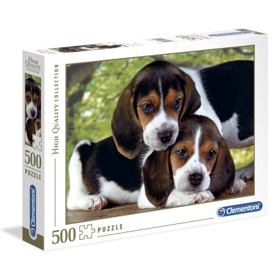 Caixa de quebra-cabeças Clementoni 500 peças com imagem de dois cães Beagle.