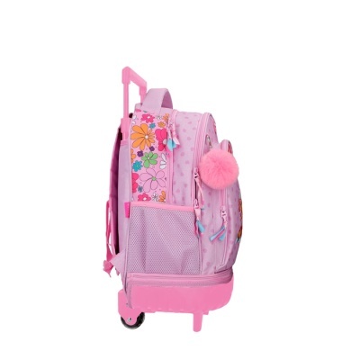 Mochila de rodinhas rosa com padrão floral e pompom rosa