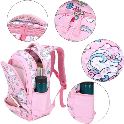 Mochila escolar rosa com padrão de unicórnios e arco-íris e vários compartimentos