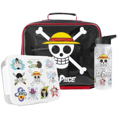 Conjunto de lancheira, garrafa e porta-snacks One Piece com caveira e chapéu amarelo