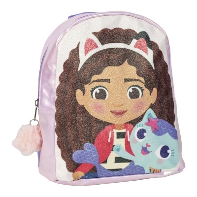 Mochila infantil rosa com estampa de menina e animal azul