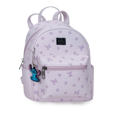 Mochila pequena lilás com padrão Stitch e flores, bolso frontal com fecho e etiqueta preta STITCH.