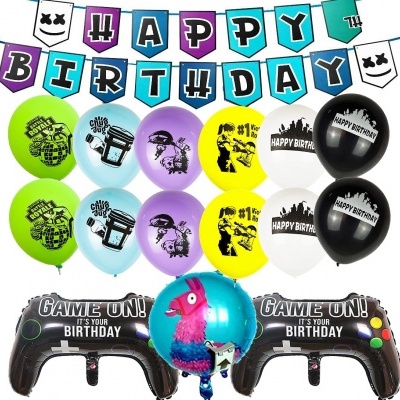 Conjunto de balões e faixa de aniversário coloridos com textos e desenhos