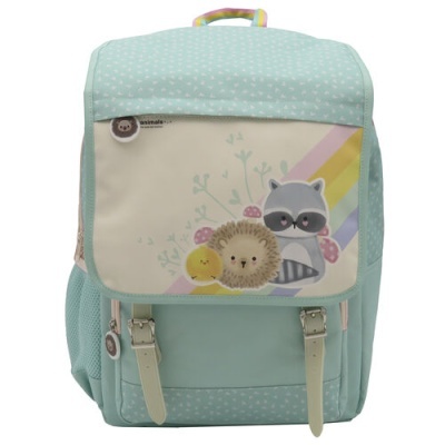 Mochila infantil azul clara com desenho de animais e riscas coloridas