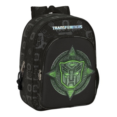 Mochila preta com símbolo verde dos Transformers e texto na parte frontal