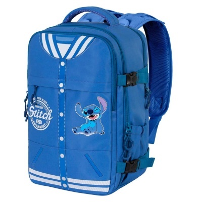 Mochila azul com personagem Stitch e design tipo casaco