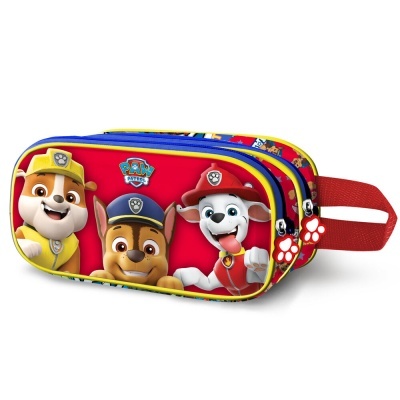 Estojo escolar vermelho com personagens da Patrulha Pata e fecho com puxadores de patas