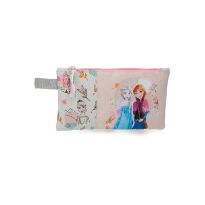 Estojo com estampa das personagens Elsa e Anna de Frozen e padrão floral, fecho rosa
