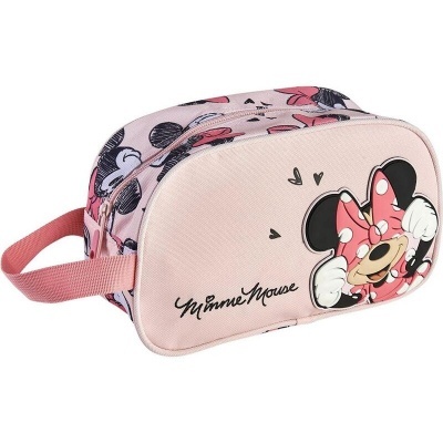 Estojo rosa com estampa da Minnie Mouse e alça rosa